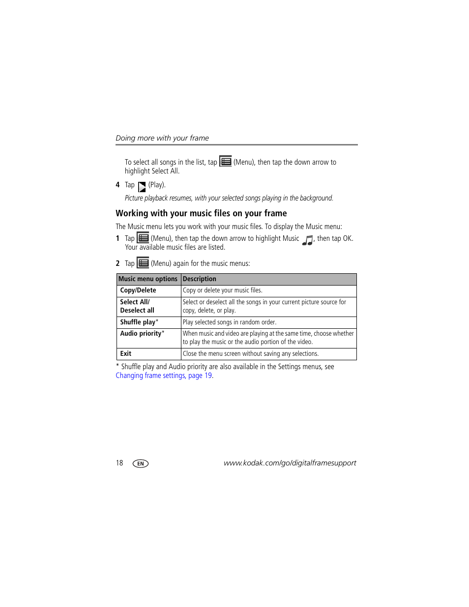 Working with your music files on your frame | Kodak S730 User Manual | Page 20 / 31