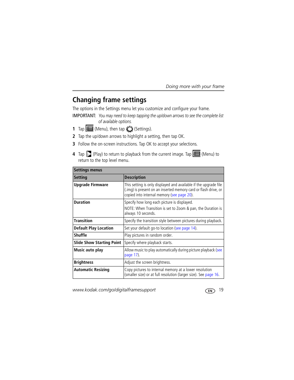 Changing frame settings, Ng (see, Changing frame | Kodak S730 User Manual | Page 21 / 31