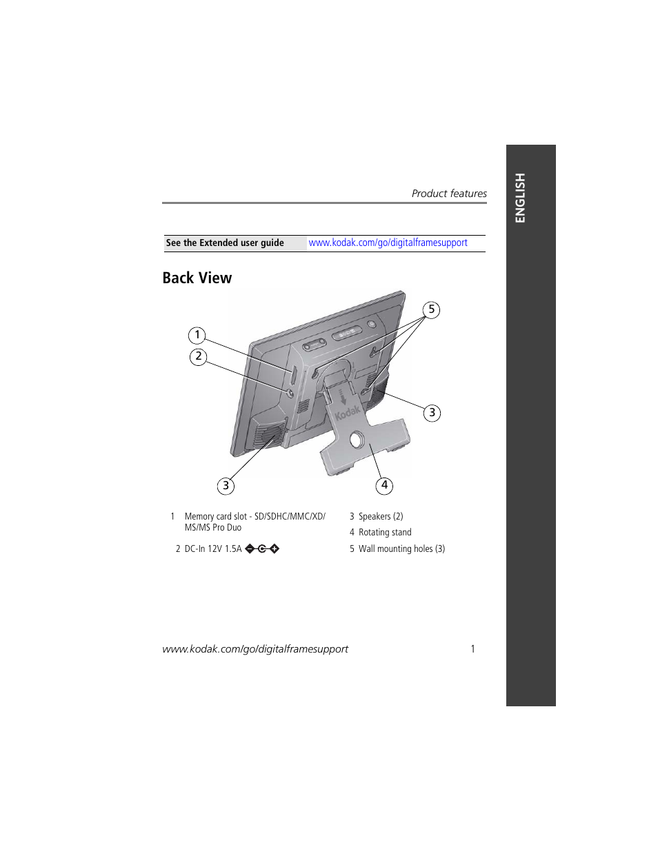 Product features, Back view | Kodak S730 User Manual | Page 3 / 31