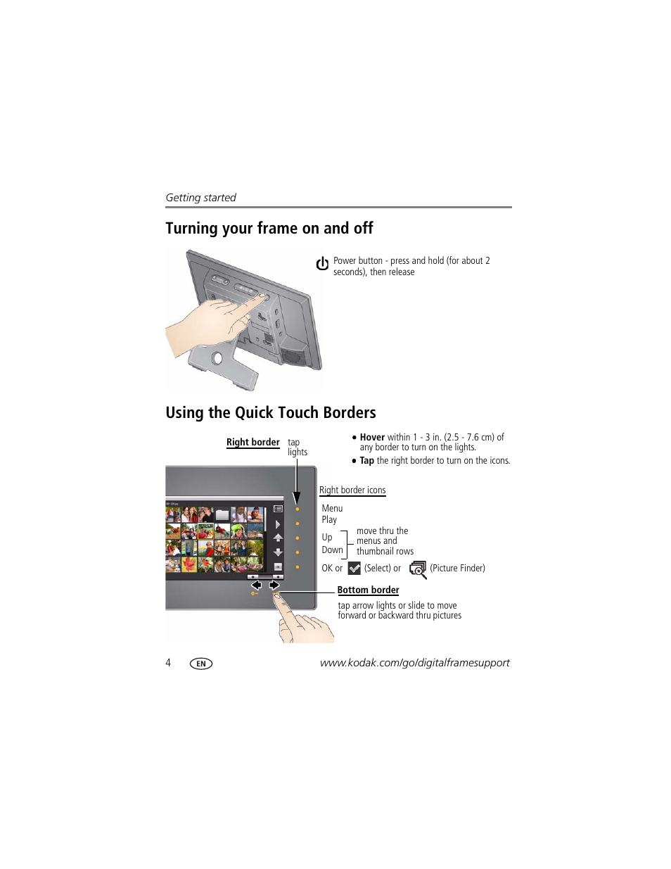 Turning your frame on and off, Using the quick touch borders | Kodak S730 User Manual | Page 6 / 31