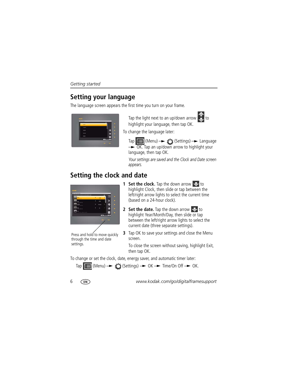 Setting your language, Setting the clock and date | Kodak S730 User Manual | Page 8 / 31