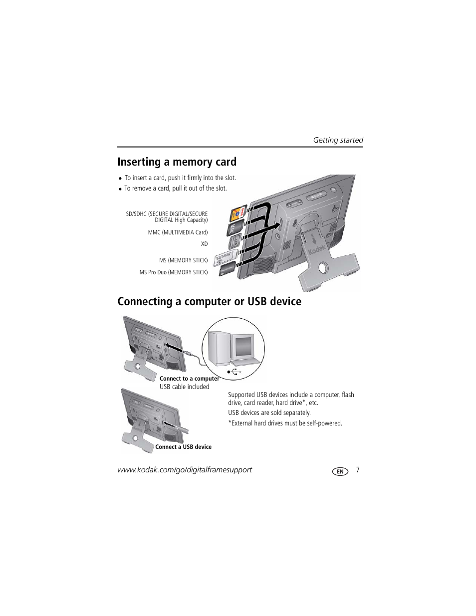 Inserting a memory card, Connecting a computer or usb device | Kodak S730 User Manual | Page 9 / 31