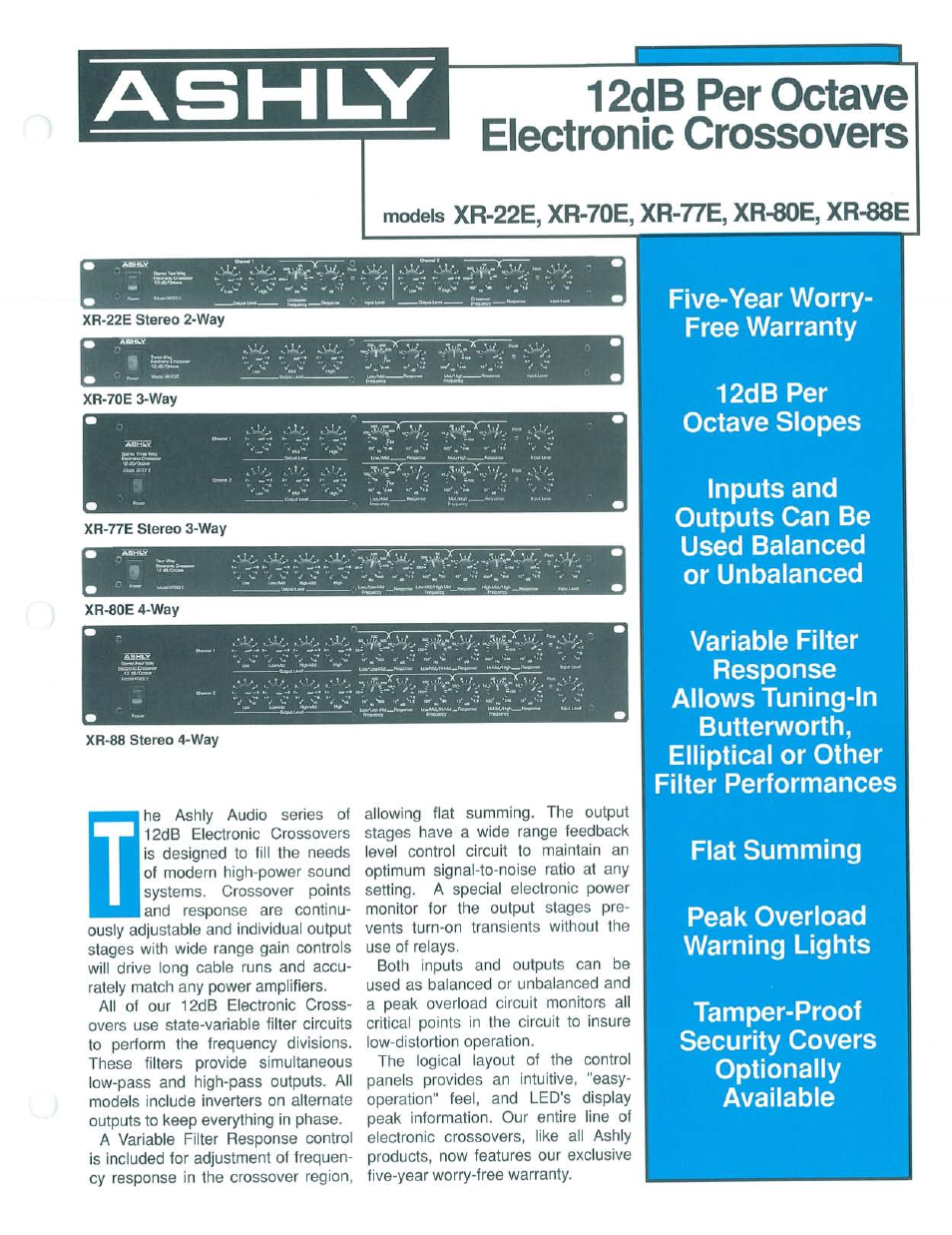 Ashly 12dB Per Octave Electronic Crossover XR-70E User Manual | 2 pages