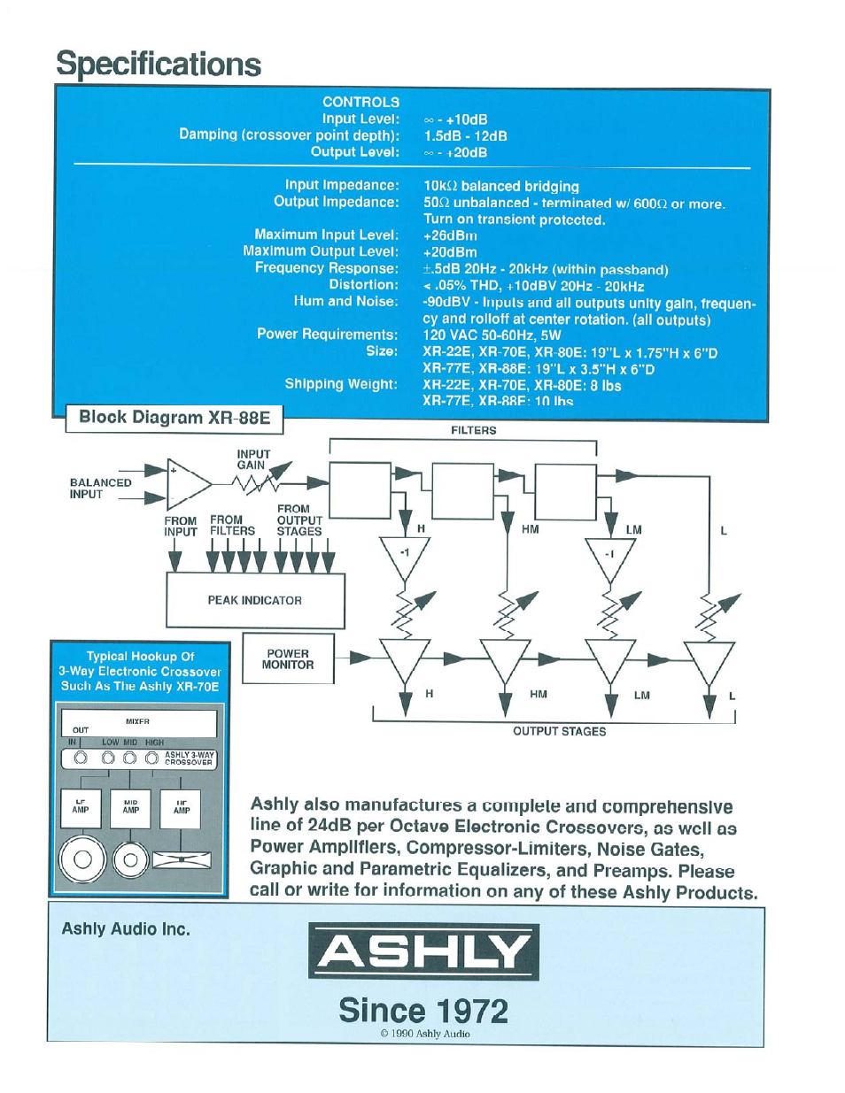 Ashly audio inc, Ashly, Specifications | Since 1972, Cr*.. i, Block diagram xr-88e | Ashly 12dB Per Octave Electronic Crossover XR-70E User Manual | Page 2 / 2