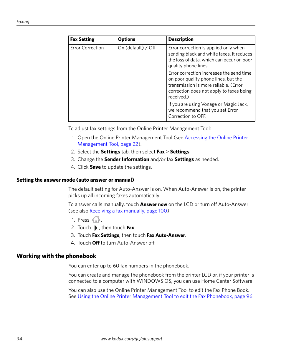 Setting the answer mode (auto answer or manual), Working with the phonebook | Kodak HERO 4.2 User Manual | Page 101 / 139