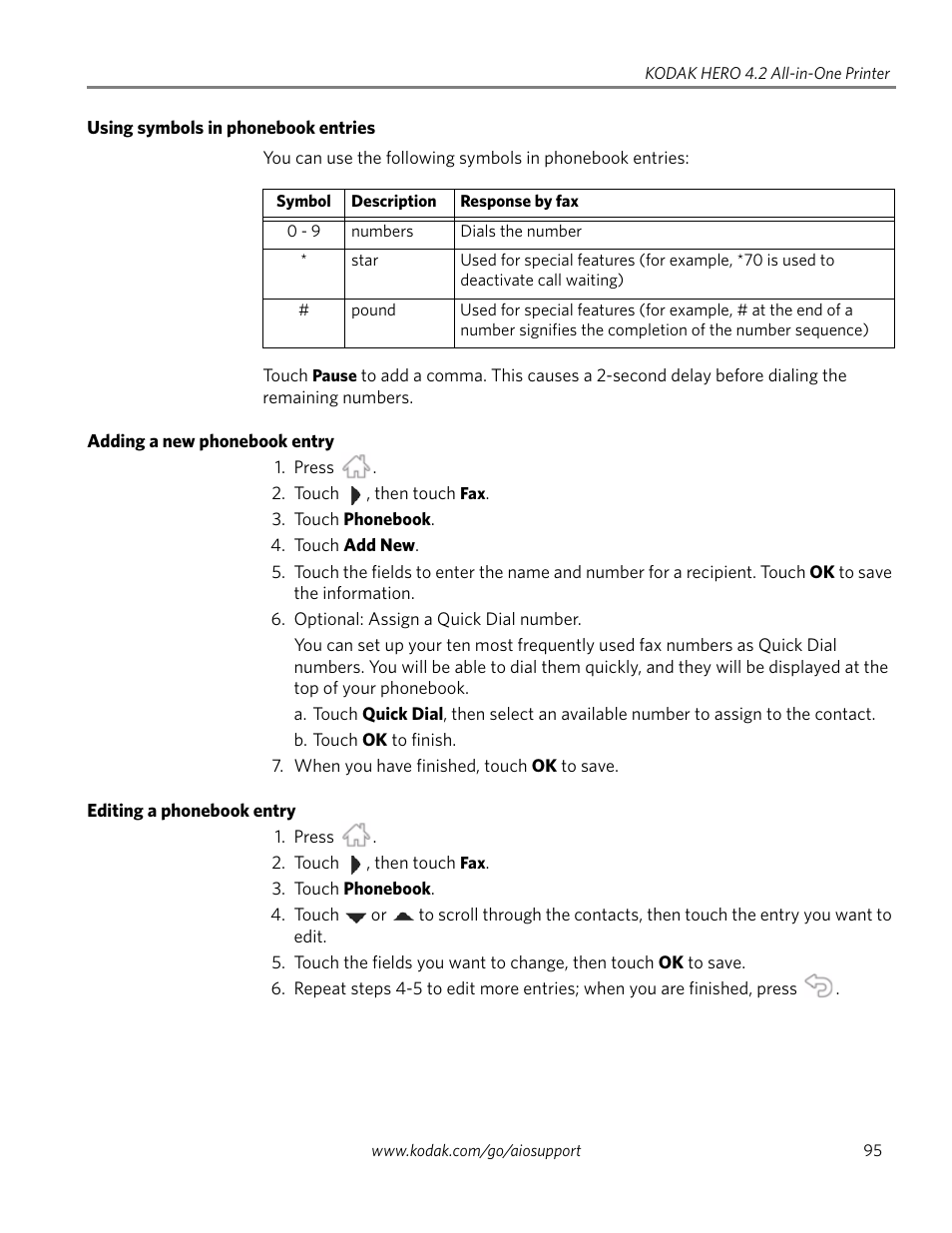 Using symbols in phonebook entries, Adding a new phonebook entry, Editing a phonebook entry | Kodak HERO 4.2 User Manual | Page 102 / 139