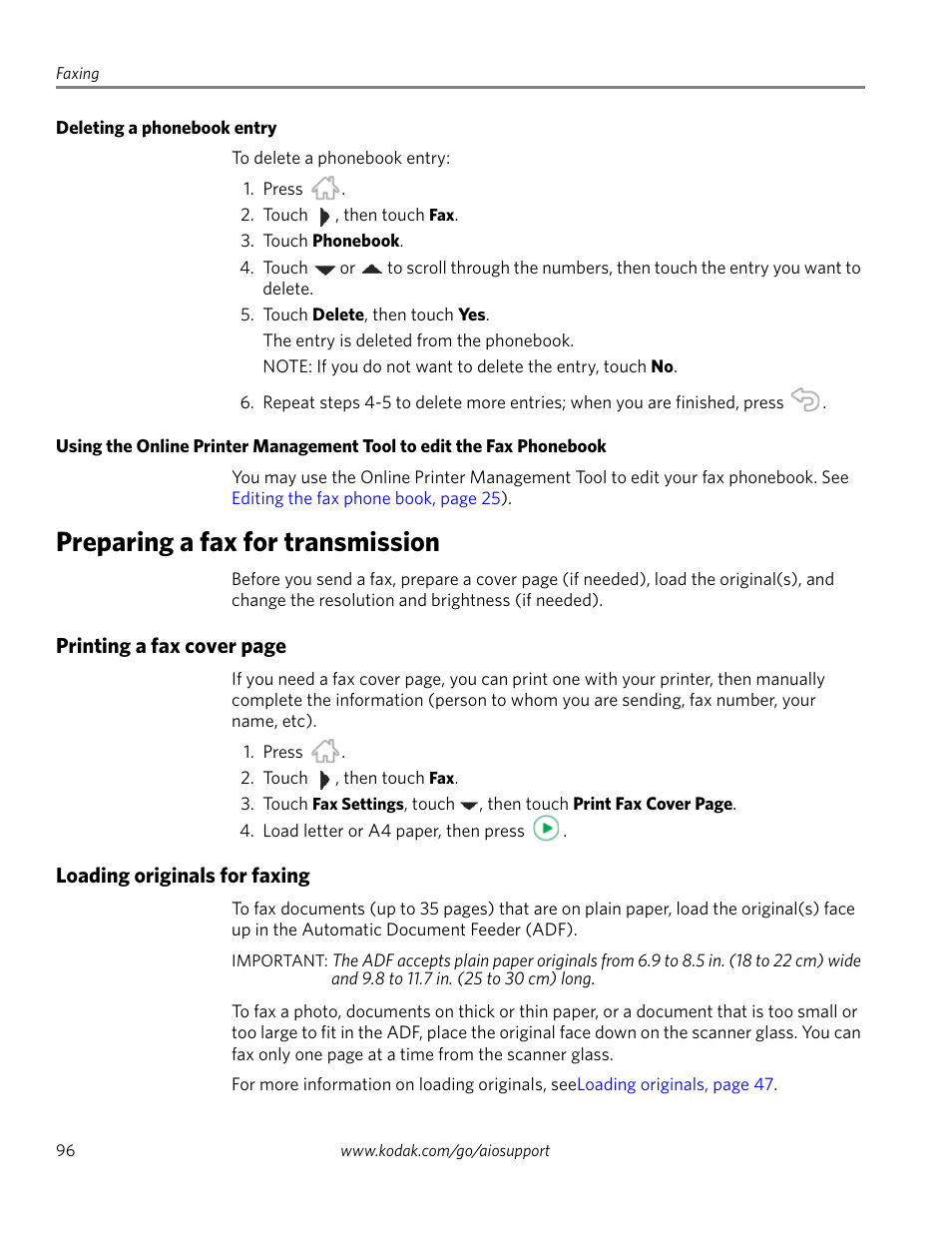 Deleting a phonebook entry, Preparing a fax for transmission, Loading originals for faxing | Kodak HERO 4.2 User Manual | Page 103 / 139