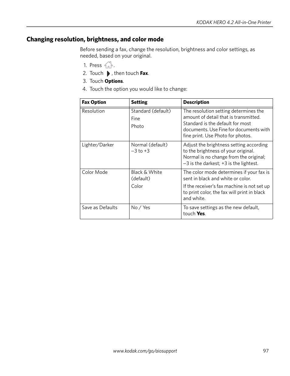 Changing resolution, brightness, and color mode | Kodak HERO 4.2 User Manual | Page 104 / 139