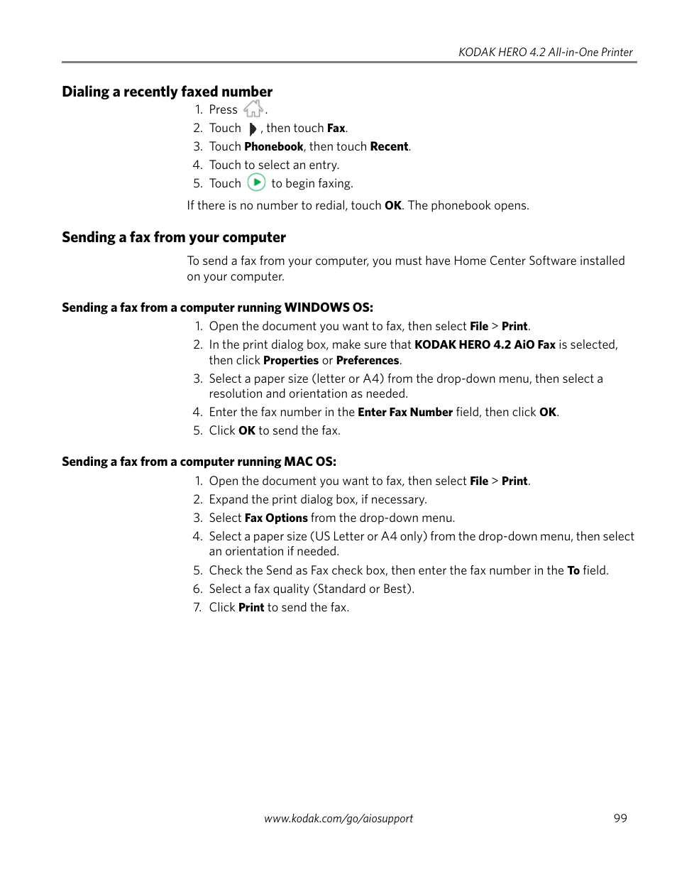 Dialing a recently faxed number, Sending a fax from your computer, Sending a fax from a computer running windows os | Sending a fax from a computer running mac os | Kodak HERO 4.2 User Manual | Page 106 / 139