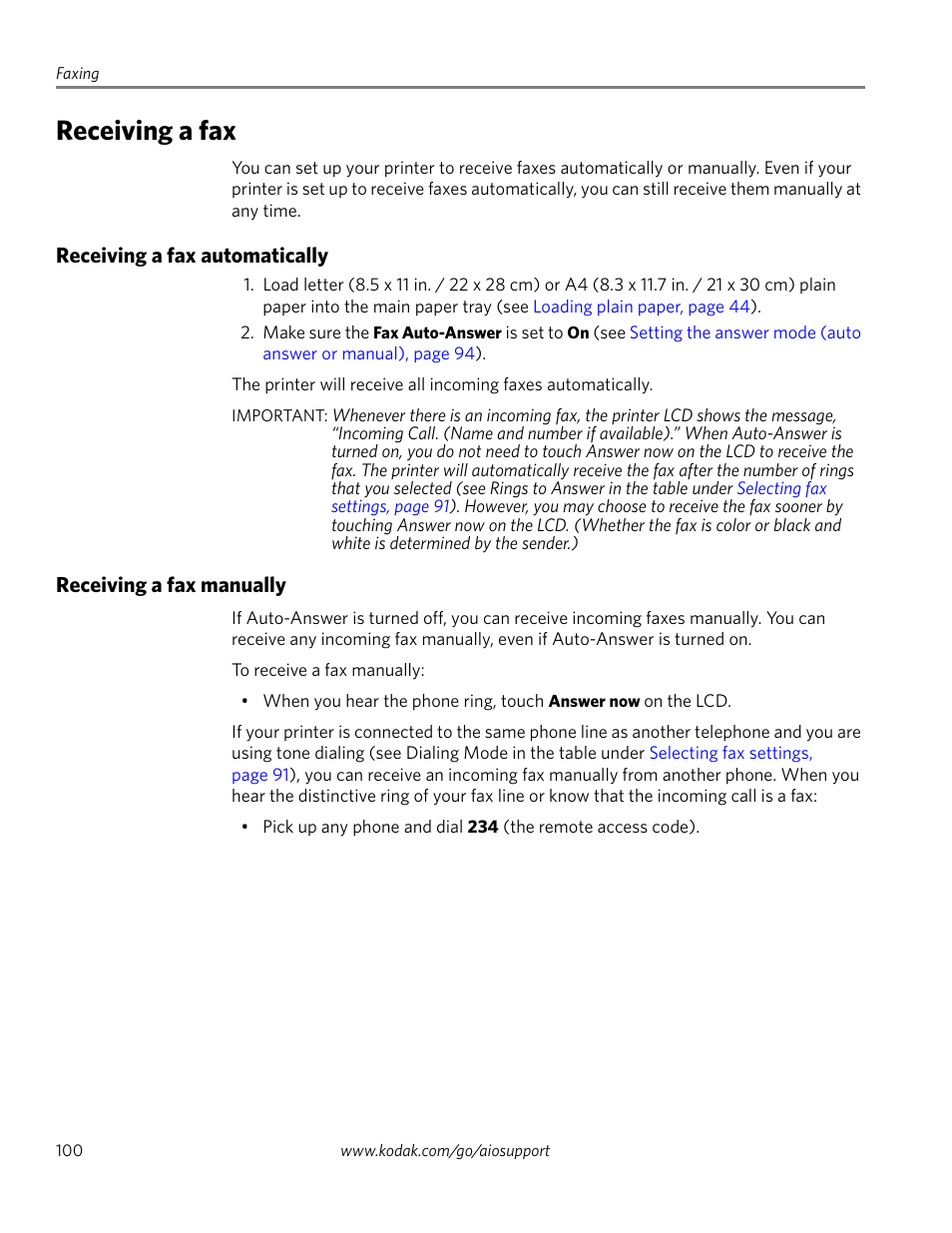 Receiving a fax, Receiving a fax automatically, Receiving a fax manually | Kodak HERO 4.2 User Manual | Page 107 / 139