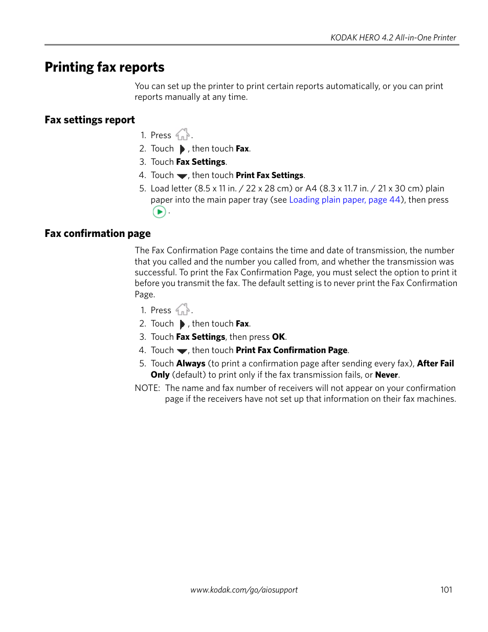 Printing fax reports, Fax settings report | Kodak HERO 4.2 User Manual | Page 108 / 139