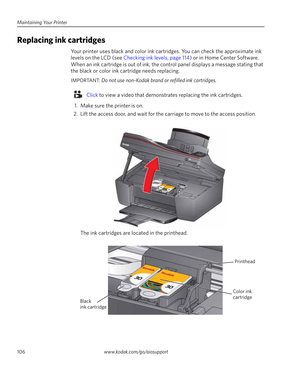 Replacing ink cartridges | Kodak HERO 4.2 User Manual | Page 113 / 139