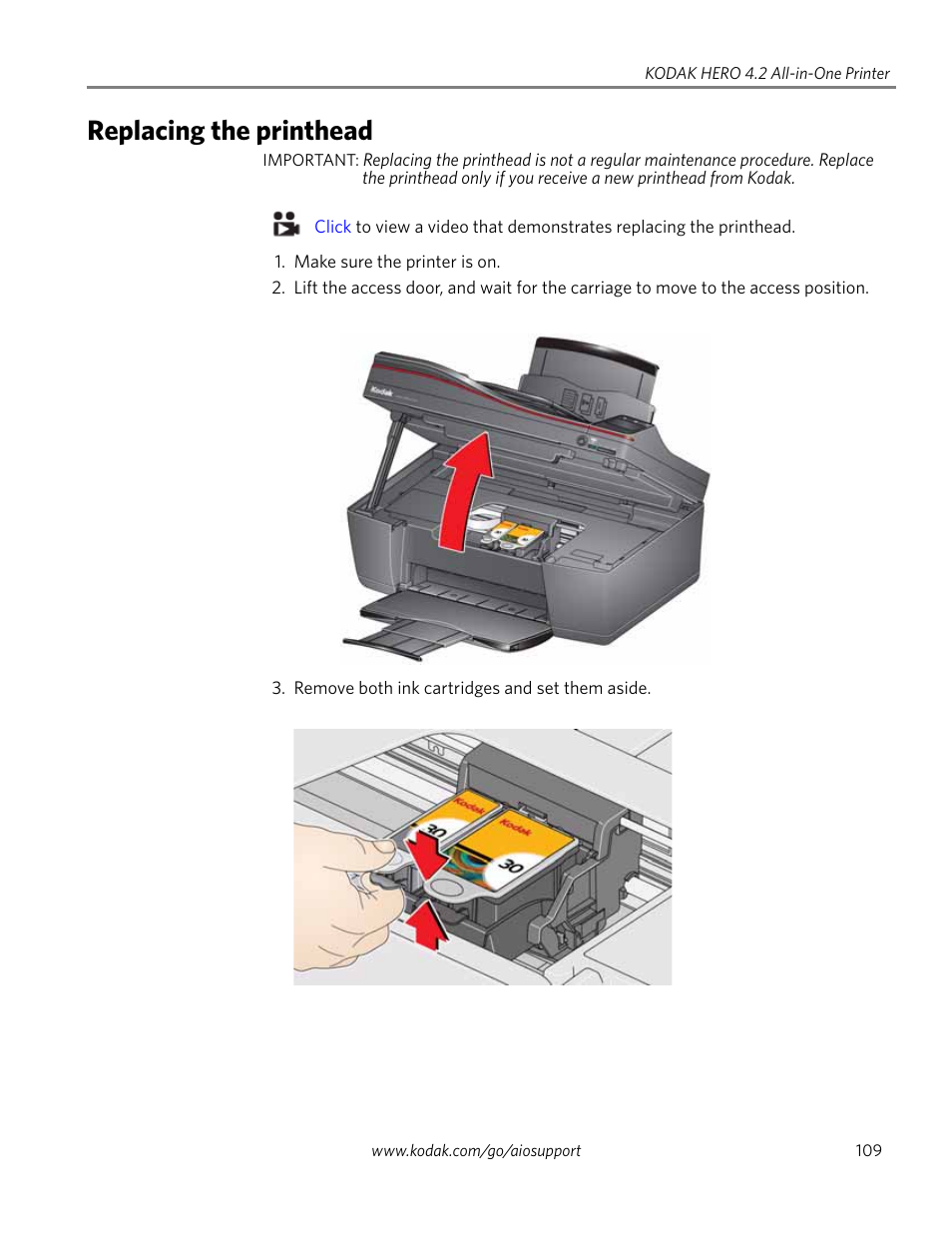 Replacing the printhead | Kodak HERO 4.2 User Manual | Page 116 / 139