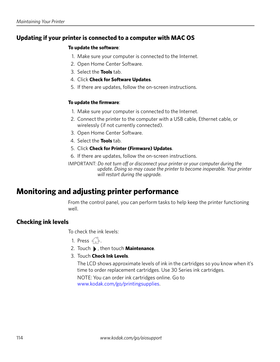 Monitoring and adjusting printer performance, Checking ink levels | Kodak HERO 4.2 User Manual | Page 121 / 139