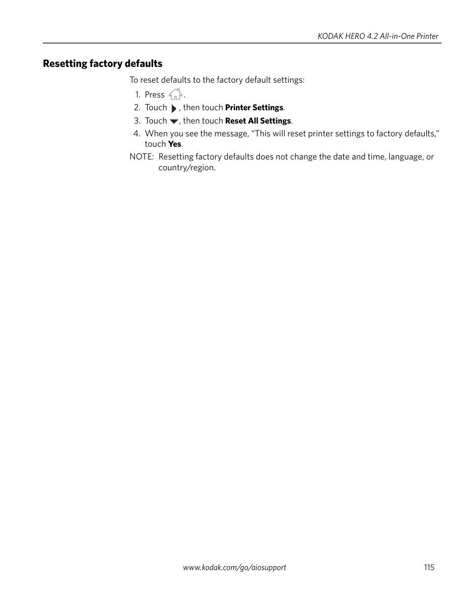 Resetting factory defaults, Resetting factory | Kodak HERO 4.2 User Manual | Page 122 / 139