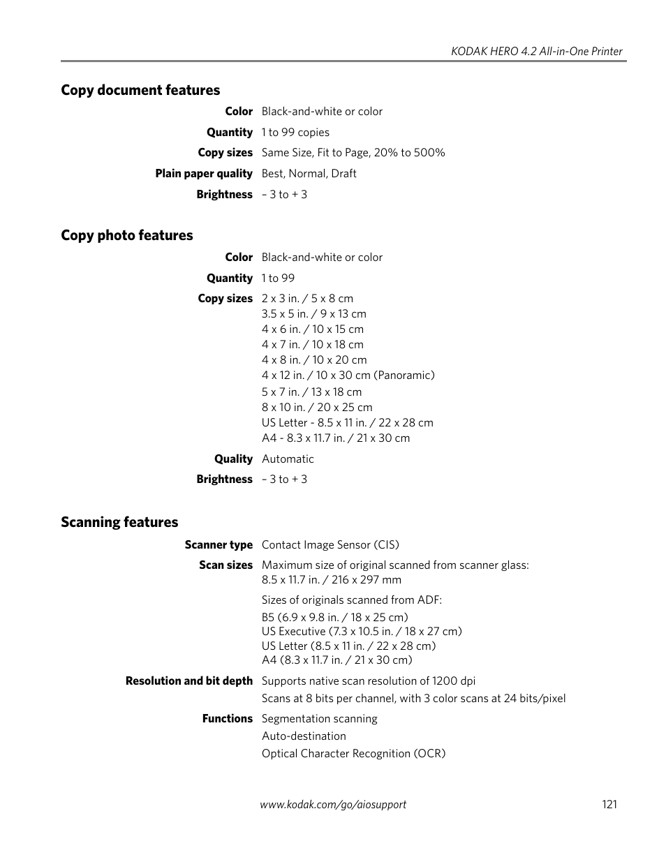 Copy document features, Copy photo features, Scanning features | Kodak HERO 4.2 User Manual | Page 128 / 139