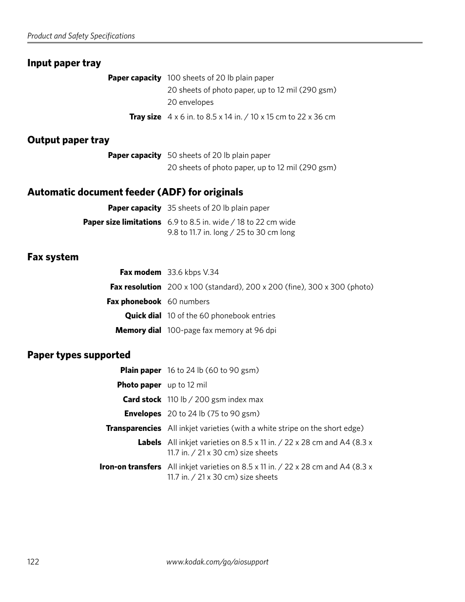 Input paper tray, Output paper tray, Automatic document feeder (adf) for originals | Fax system, Paper types supported | Kodak HERO 4.2 User Manual | Page 129 / 139