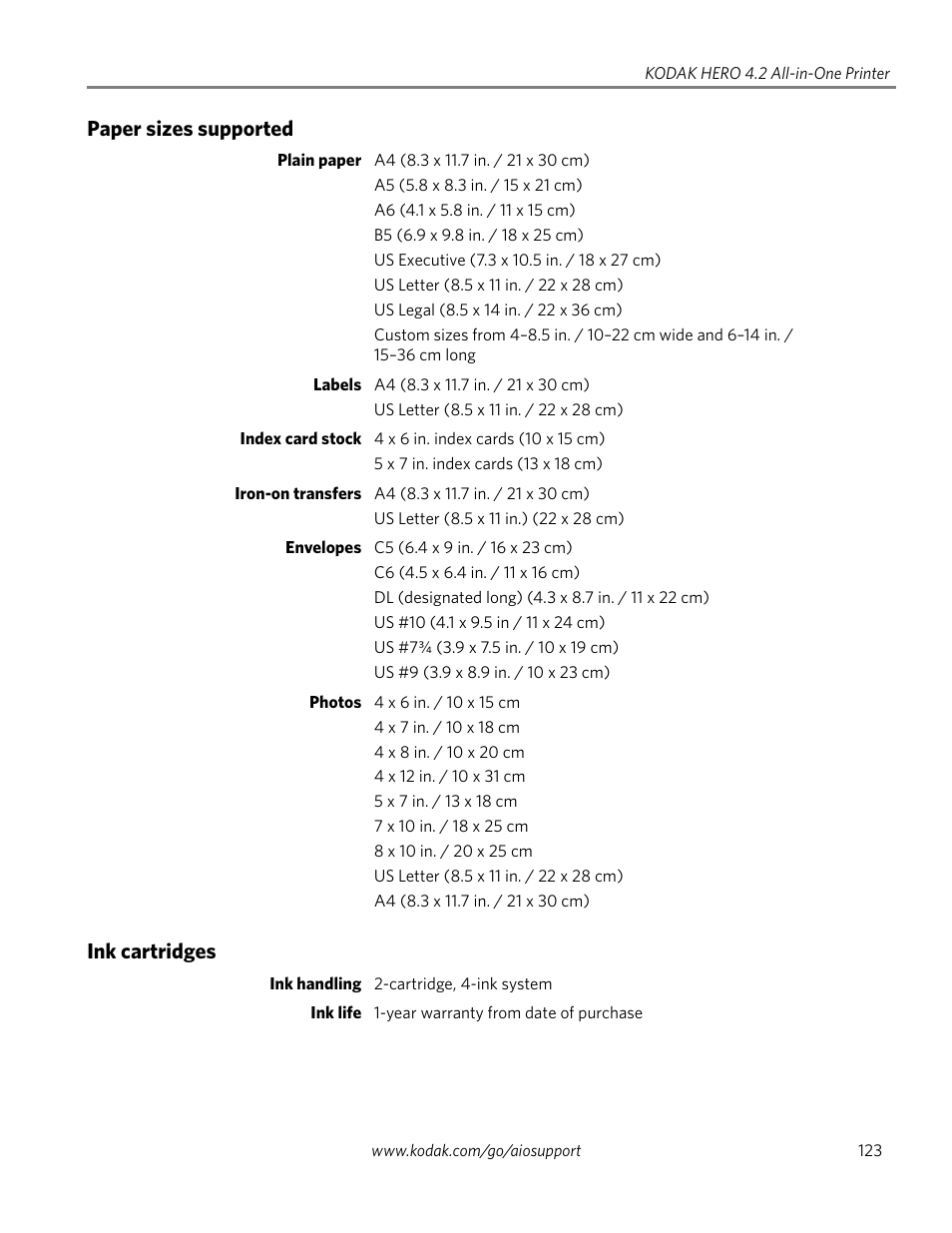 Paper sizes supported, Ink cartridges, Paper sizes supported ink cartridges | Kodak HERO 4.2 User Manual | Page 130 / 139