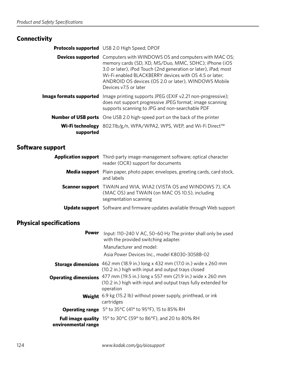 Connectivity, Software support, Physical specifications | Kodak HERO 4.2 User Manual | Page 131 / 139