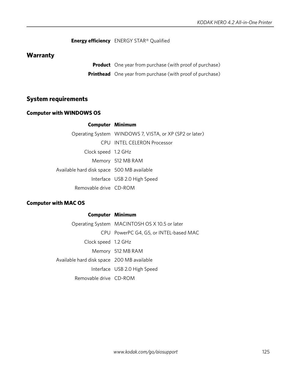 Warranty, System requirements, Computer with windows os | Computer with mac os, Warranty system requirements | Kodak HERO 4.2 User Manual | Page 132 / 139