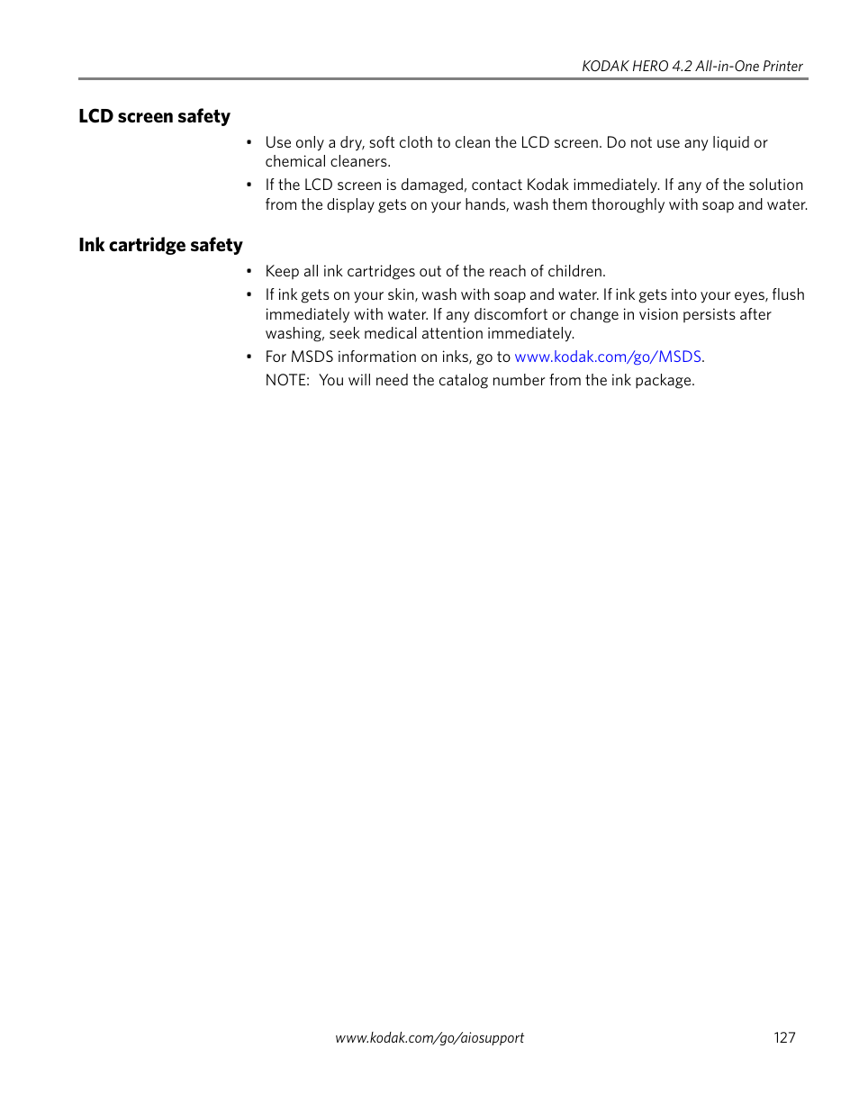 Lcd screen safety, Ink cartridge safety, Lcd screen safety ink cartridge safety | Kodak HERO 4.2 User Manual | Page 134 / 139