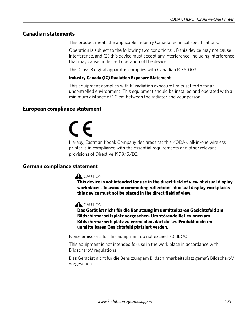 Canadian statements, European compliance statement, German compliance statement | Kodak HERO 4.2 User Manual | Page 136 / 139