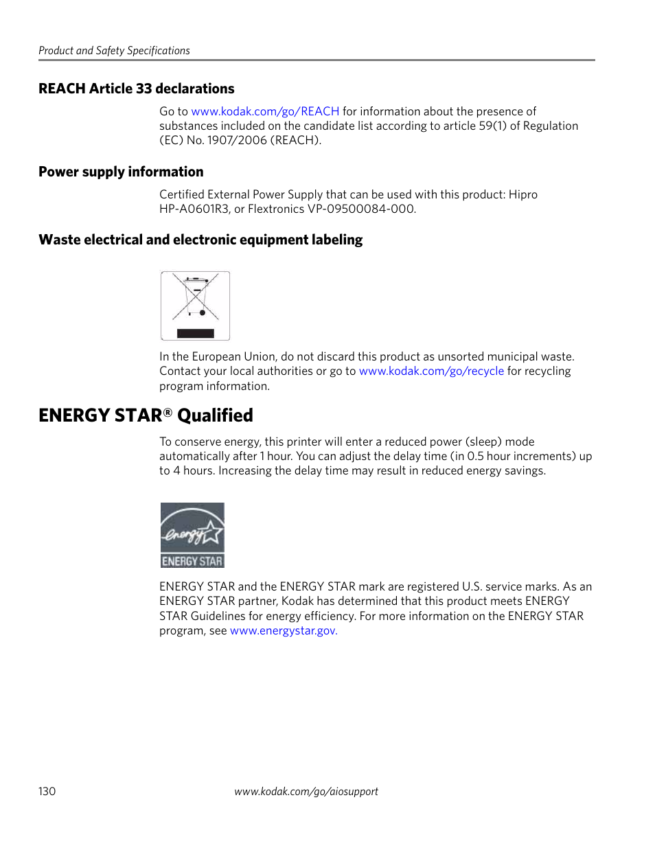 Reach article 33 declarations, Power supply information, Waste electrical and electronic equipment labeling | Energy star® qualified | Kodak HERO 4.2 User Manual | Page 137 / 139