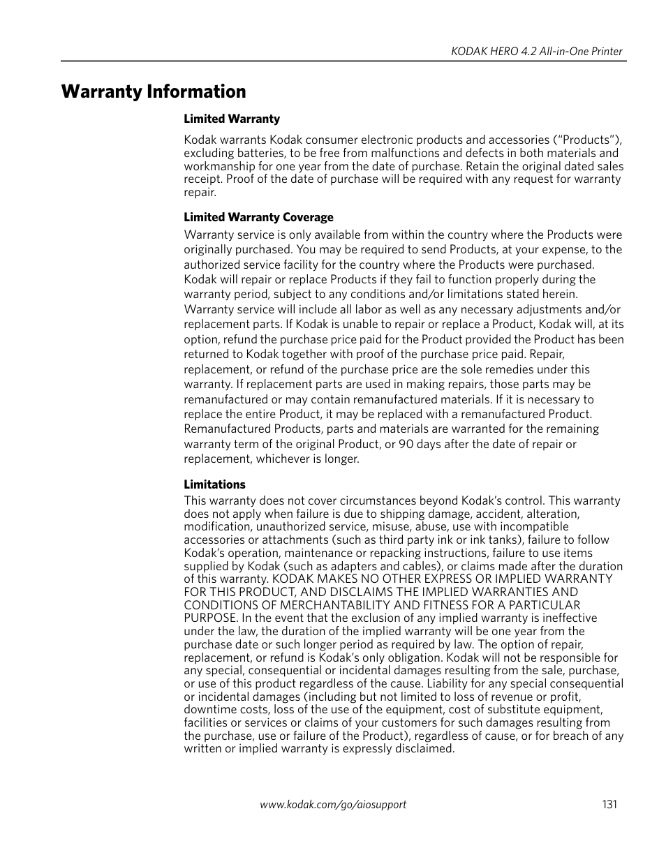 Warranty information | Kodak HERO 4.2 User Manual | Page 138 / 139