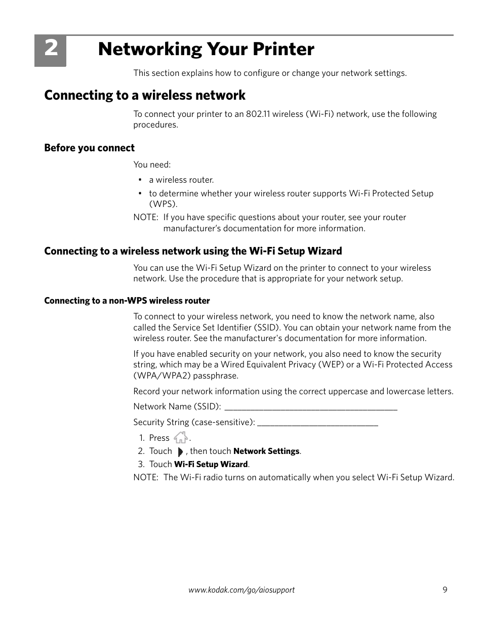 Networking your printer, Connecting to a wireless network, Before you connect | Connecting to a non-wps wireless router, 2 networking your printer | Kodak HERO 4.2 User Manual | Page 16 / 139