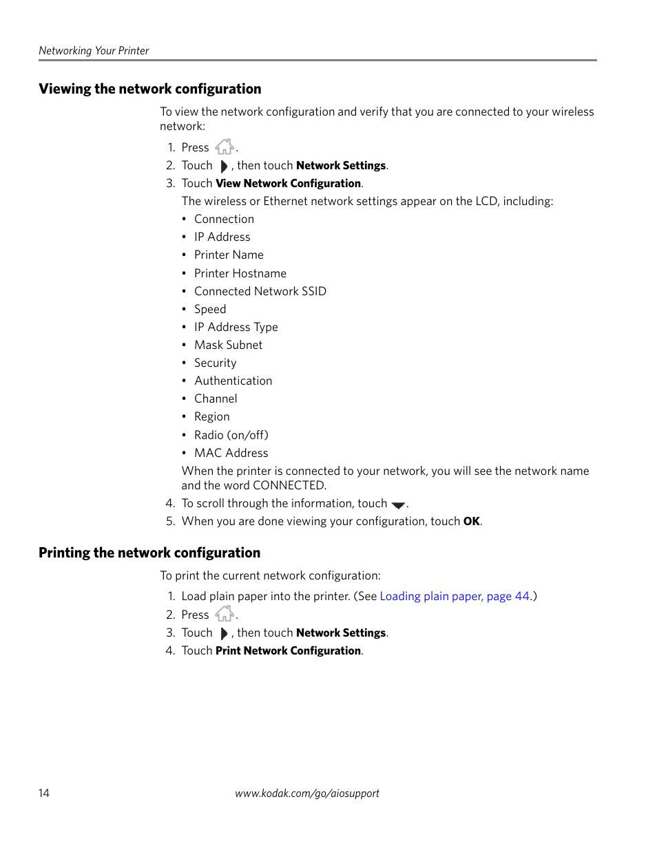 Viewing the network configuration, Printing the network configuration | Kodak HERO 4.2 User Manual | Page 21 / 139