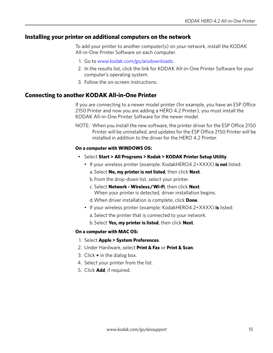 Connecting to another kodak all-in-one printer | Kodak HERO 4.2 User Manual | Page 22 / 139