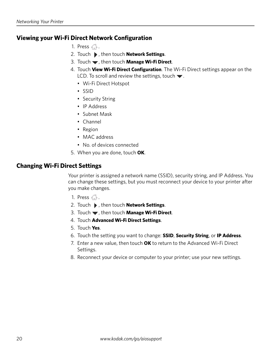 Viewing your wi-fi direct network configuration, Changing wi-fi direct settings | Kodak HERO 4.2 User Manual | Page 27 / 139