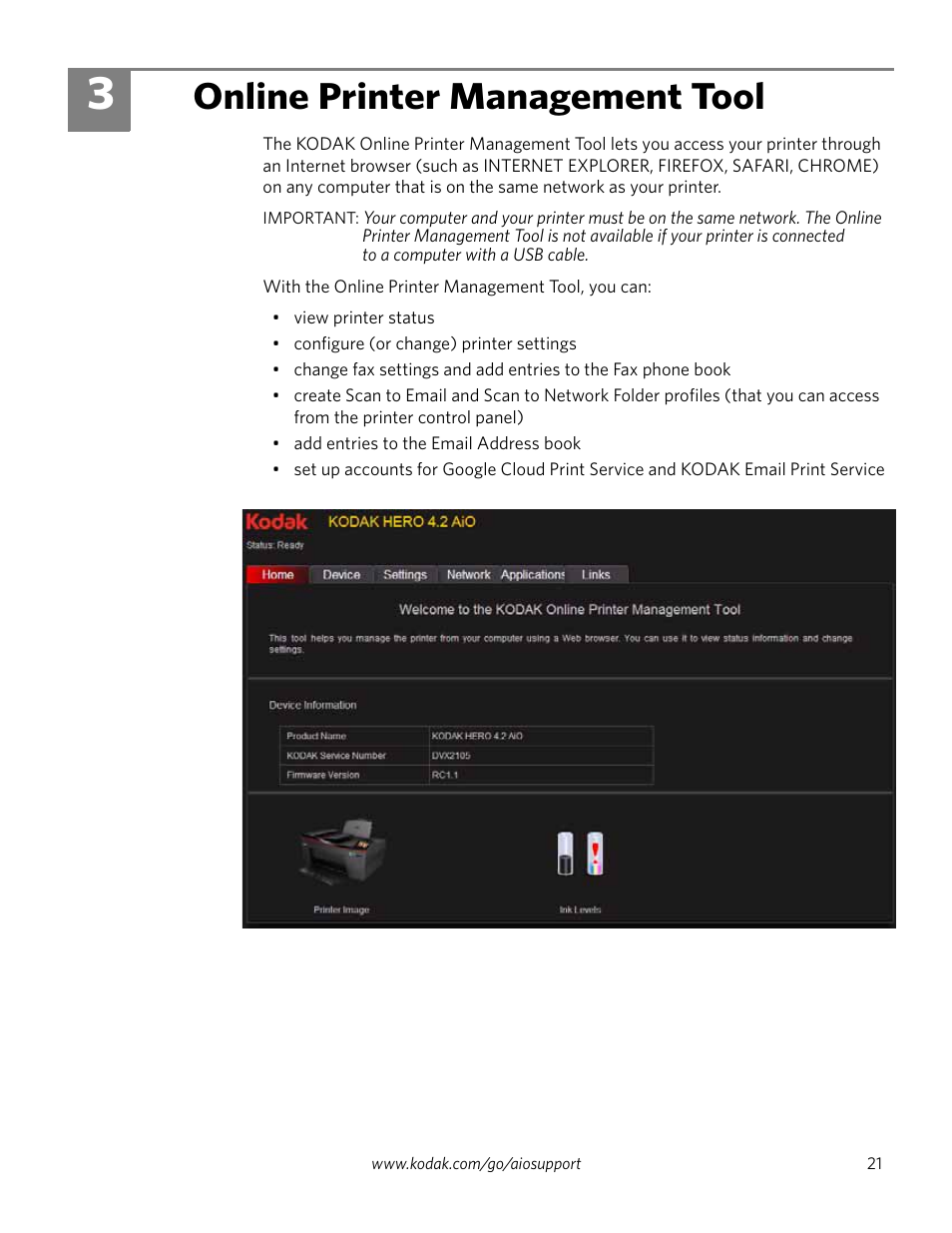 Online printer management tool, 3 online printer management tool | Kodak HERO 4.2 User Manual | Page 28 / 139