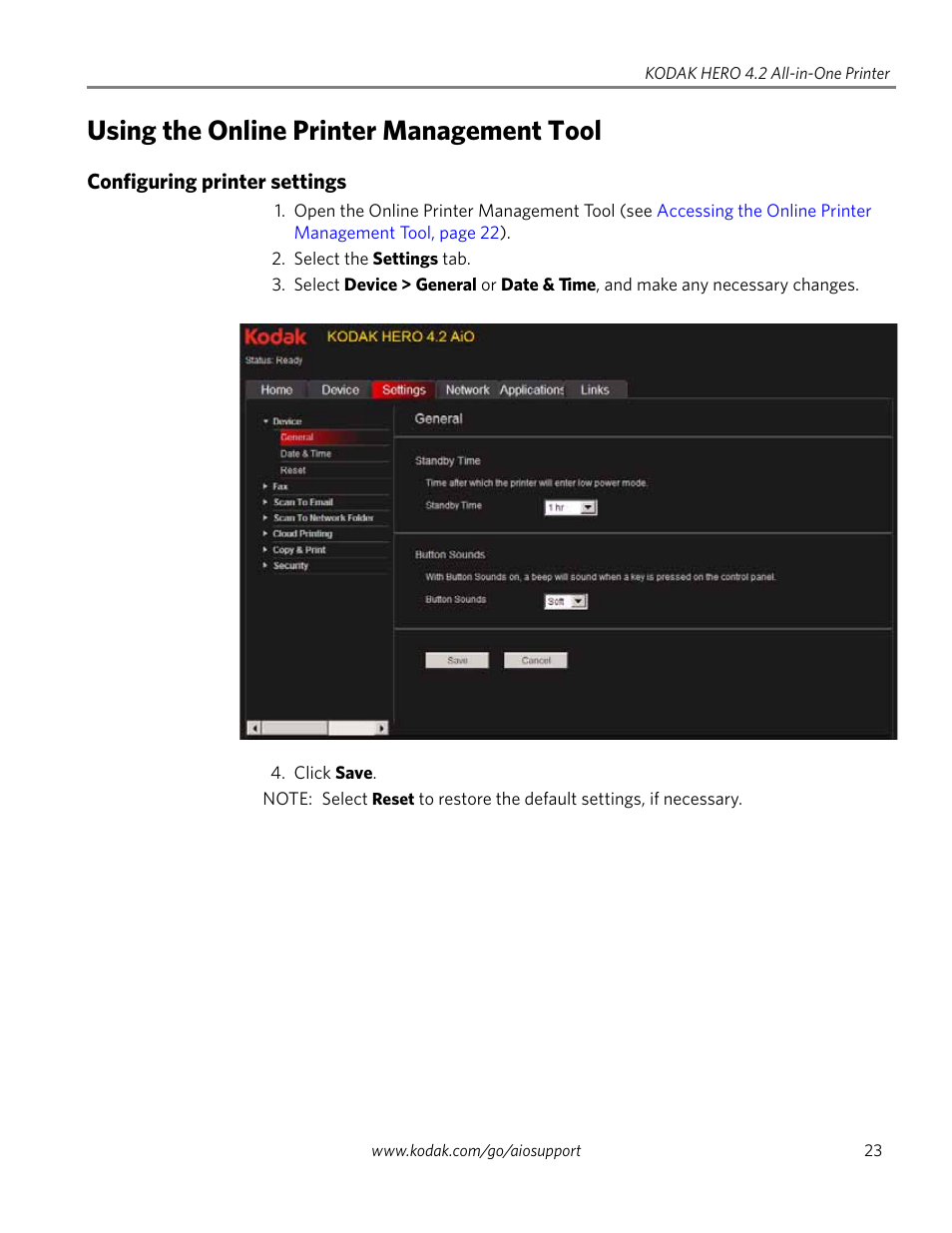 Using the online printer management tool, Configuring printer settings | Kodak HERO 4.2 User Manual | Page 30 / 139