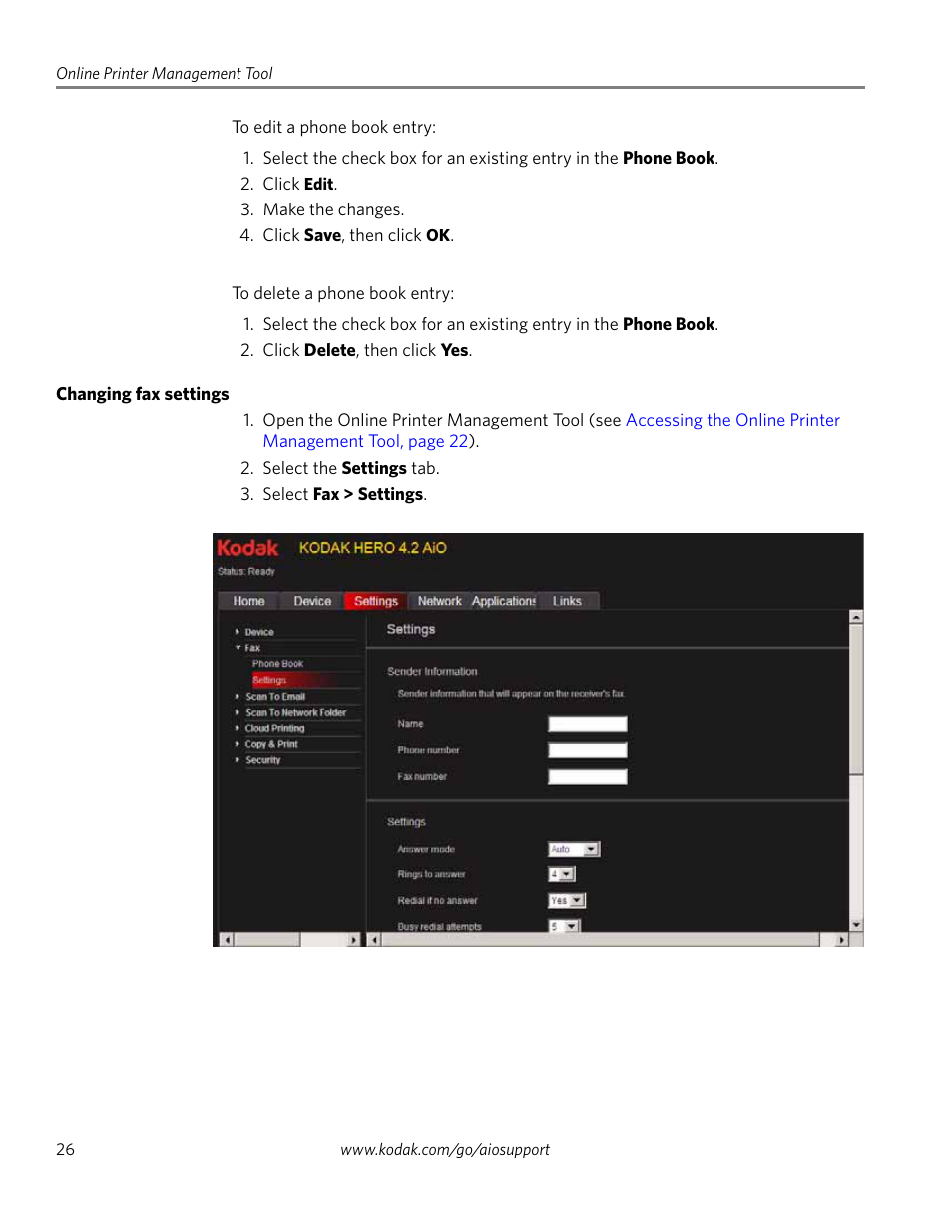 Changing fax settings | Kodak HERO 4.2 User Manual | Page 33 / 139