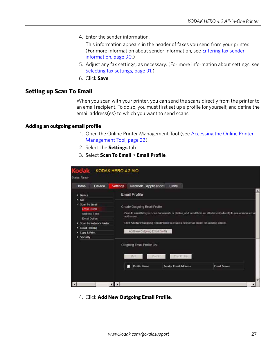 Setting up scan to email, Adding an outgoing email profile | Kodak HERO 4.2 User Manual | Page 34 / 139