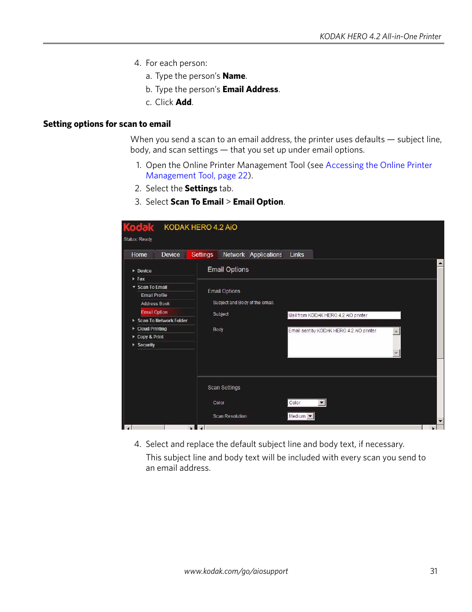 Setting options for scan to email | Kodak HERO 4.2 User Manual | Page 38 / 139