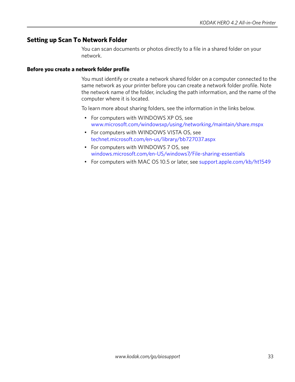 Setting up scan to network folder, Before you create a network folder profile | Kodak HERO 4.2 User Manual | Page 40 / 139