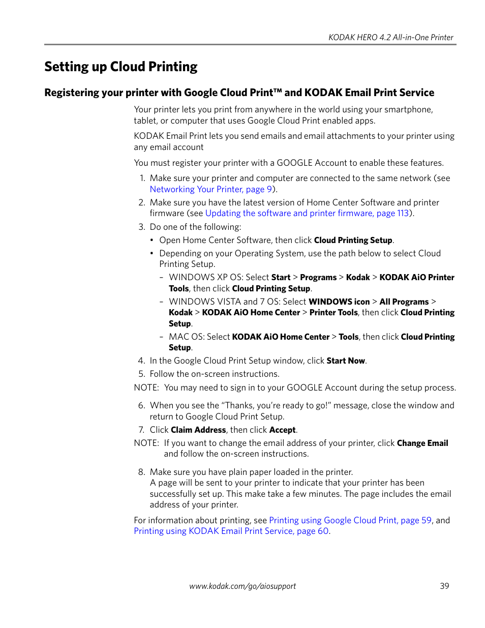 Setting up cloud printing | Kodak HERO 4.2 User Manual | Page 46 / 139