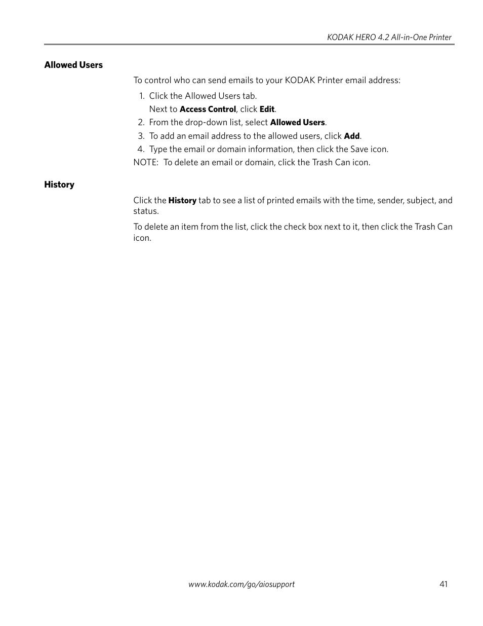 Allowed users, History | Kodak HERO 4.2 User Manual | Page 48 / 139
