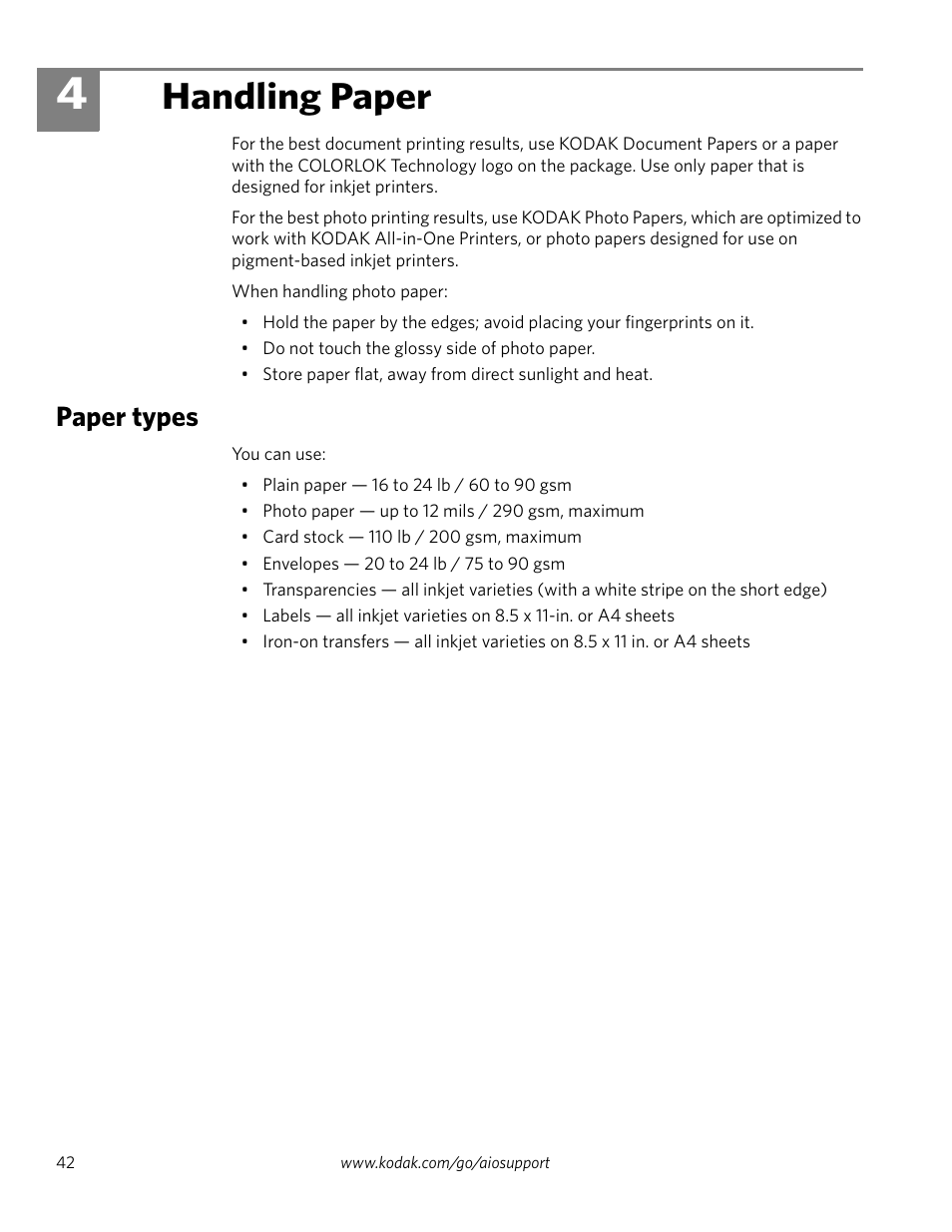 Handling paper, Paper types, 4 handling paper | Kodak HERO 4.2 User Manual | Page 49 / 139