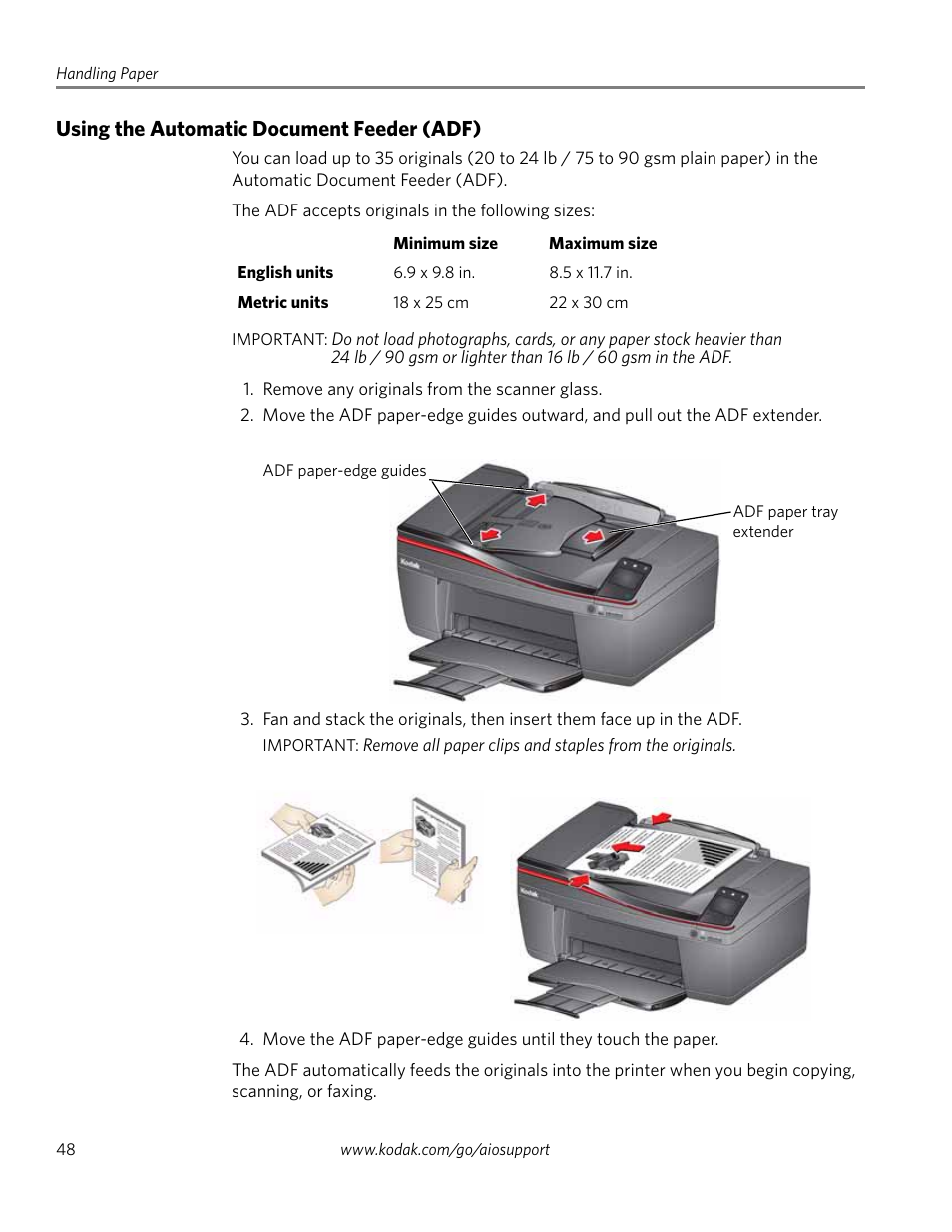 Using the automatic document feeder (adf) | Kodak HERO 4.2 User Manual | Page 55 / 139