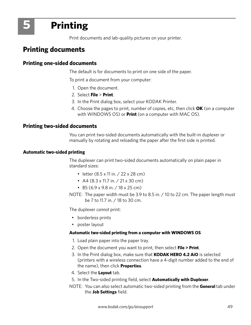 Printing, Printing documents, Printing one-sided documents | Printing two-sided documents, Automatic two-sided printing, 5 printing, Ng, see | Kodak HERO 4.2 User Manual | Page 56 / 139