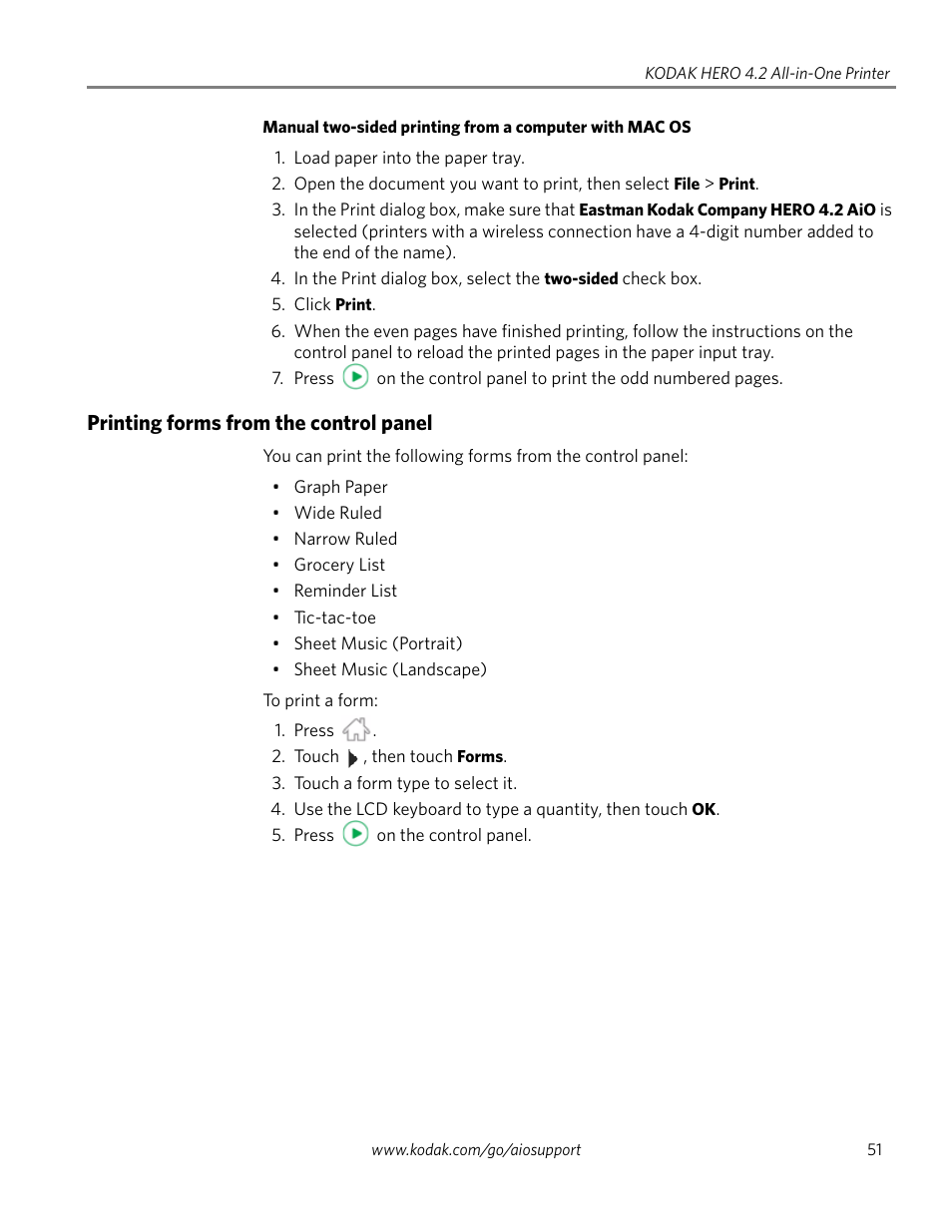 Printing forms from the control panel | Kodak HERO 4.2 User Manual | Page 58 / 139