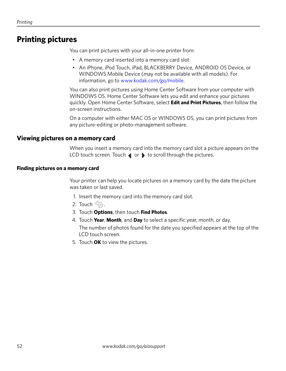 Printing pictures, Viewing pictures on a memory card, Finding pictures on a memory card | Kodak HERO 4.2 User Manual | Page 59 / 139