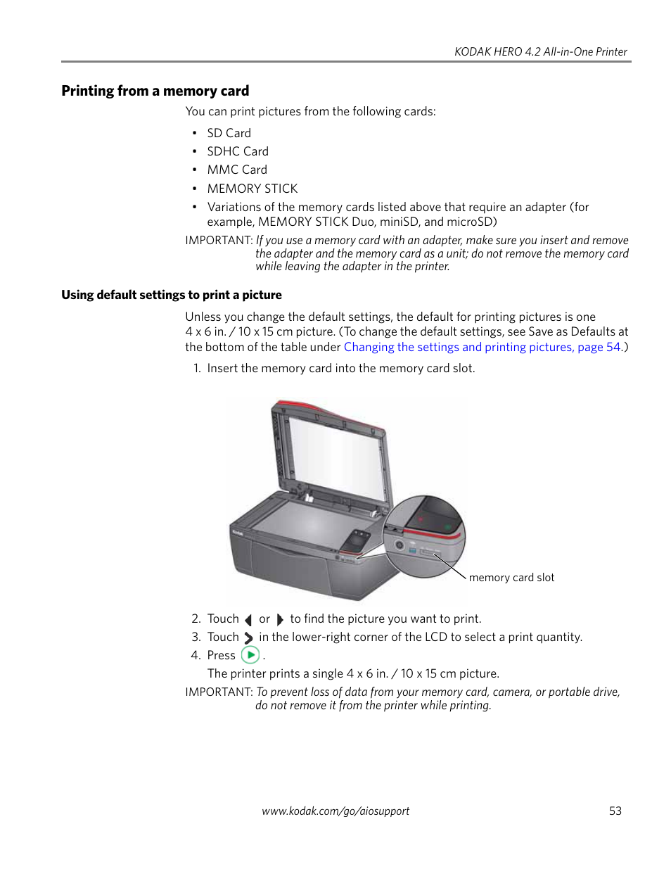 Printing from a memory card, Using default settings to print a picture | Kodak HERO 4.2 User Manual | Page 60 / 139