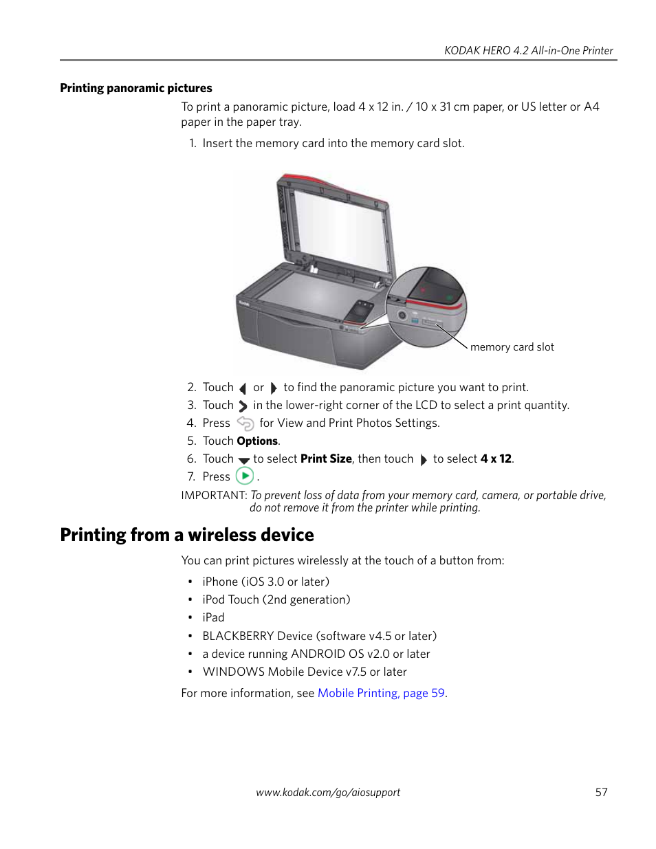 Printing panoramic pictures, Printing from a wireless device | Kodak HERO 4.2 User Manual | Page 64 / 139