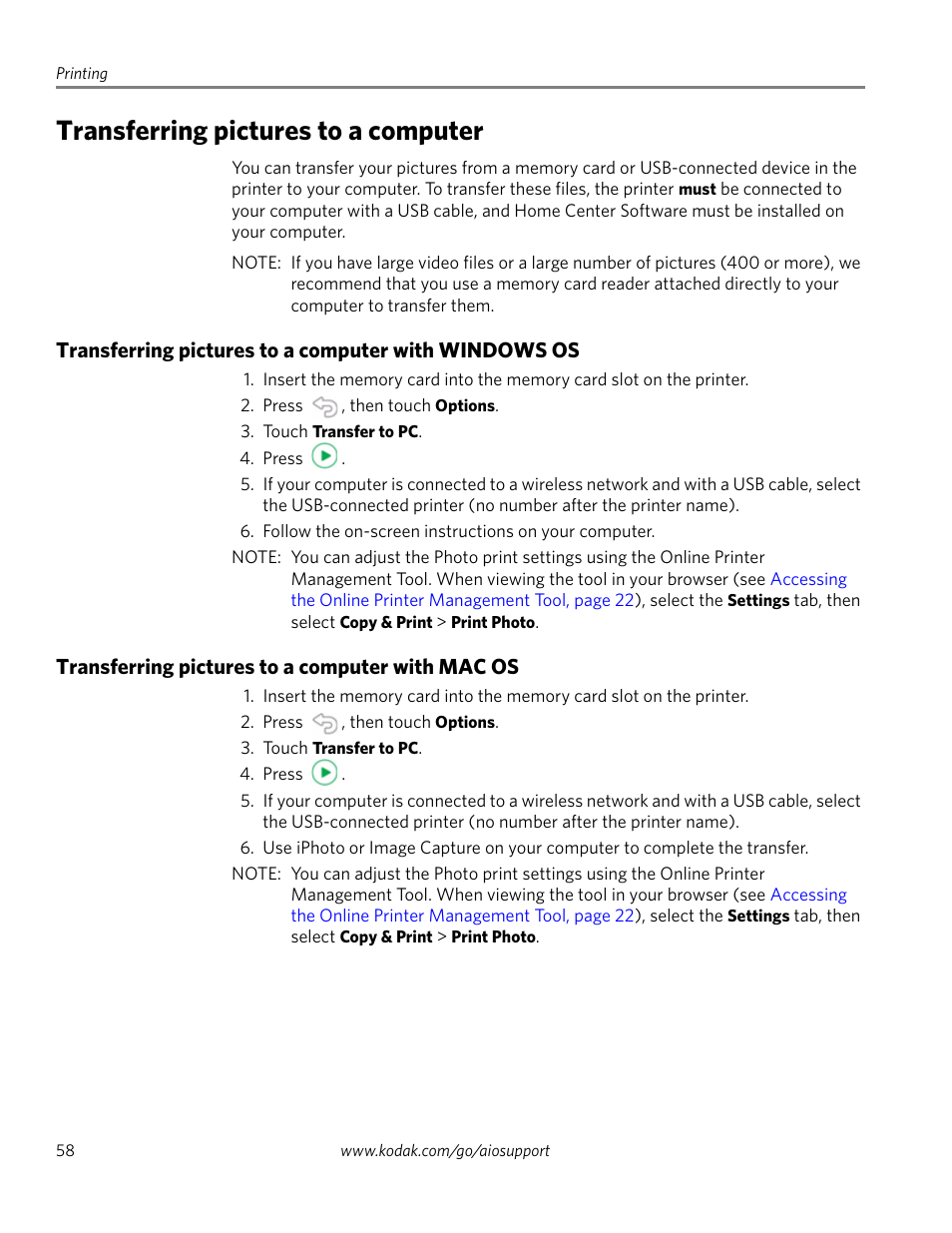 Transferring pictures to a computer, Transferring pictures to a computer with mac os | Kodak HERO 4.2 User Manual | Page 65 / 139