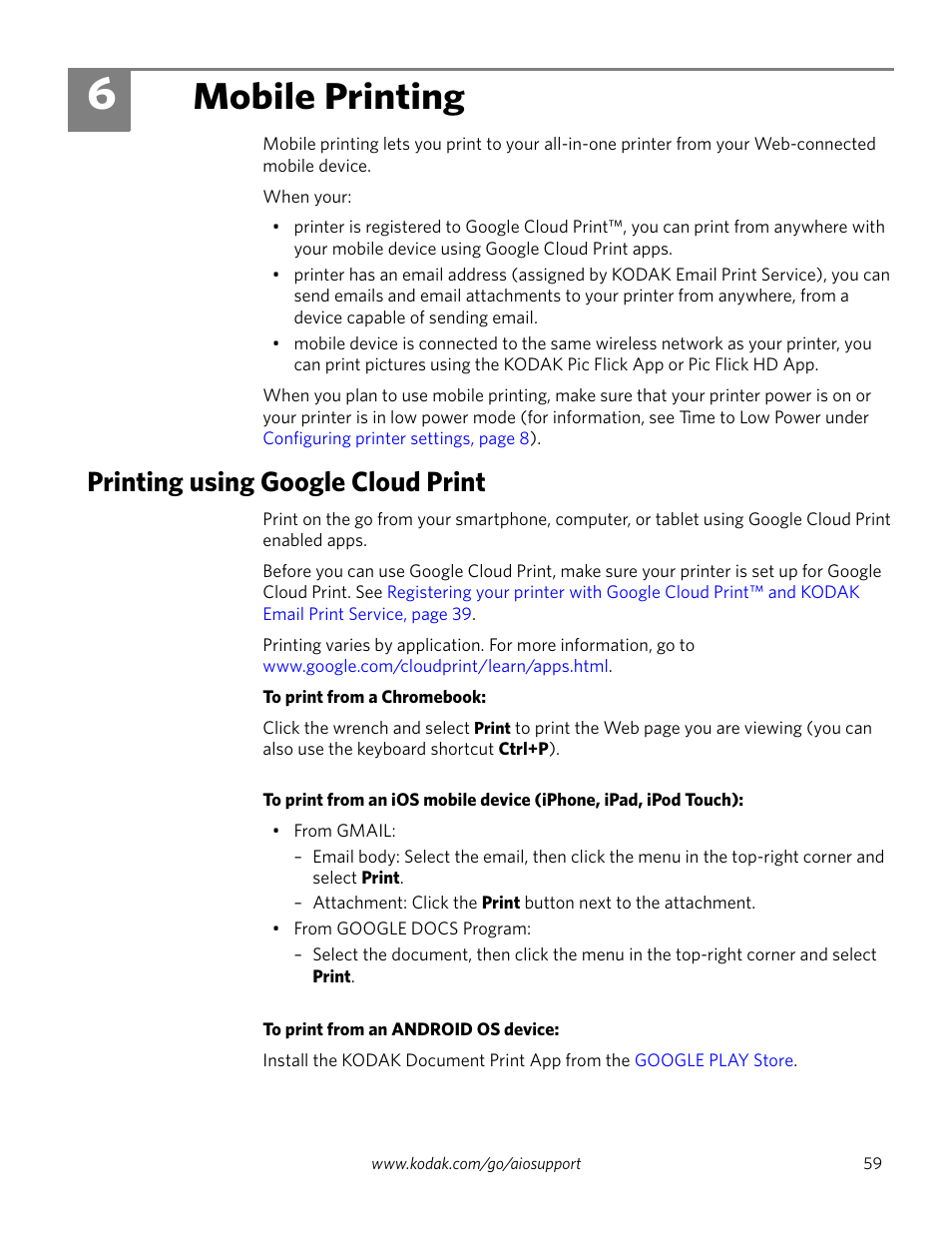 Mobile printing, Printing using google cloud print, 6 mobile printing | Ion about printing, see | Kodak HERO 4.2 User Manual | Page 66 / 139