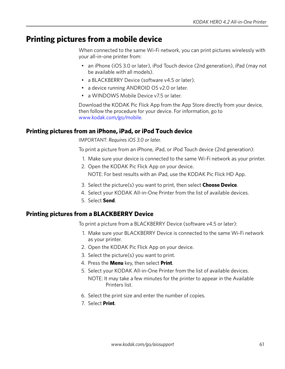 Printing pictures from a mobile device, Printing pictures from a blackberry device | Kodak HERO 4.2 User Manual | Page 68 / 139